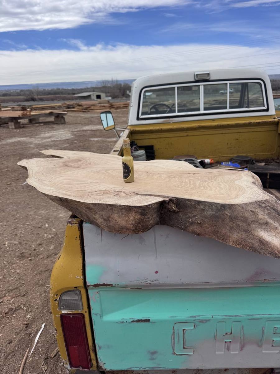 Elm slab finished with Corley Woodcraft Gold Brew hard wax oil, on an old Chevy tailgate